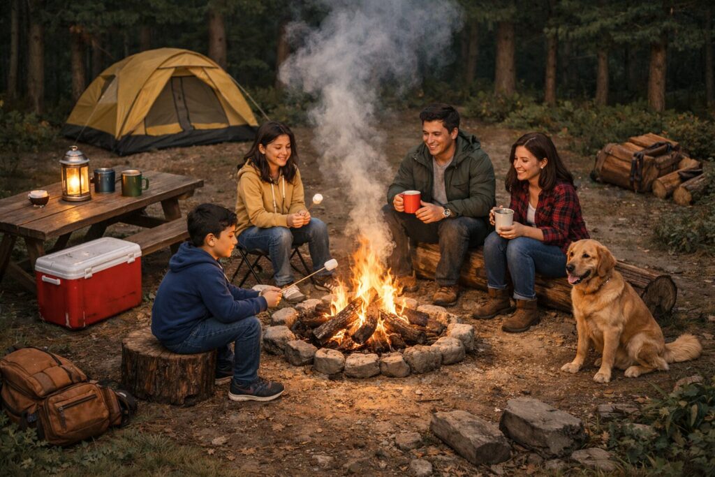 A family camping, sitting around a smoky campfire