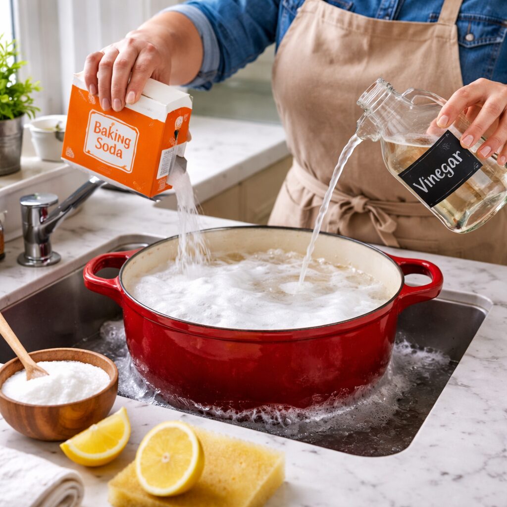 a person using baking soda and vinegar to clean an enamel dutch oven