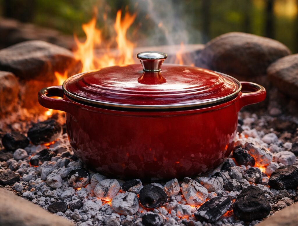 A red enameled dutch oven on hot coals
