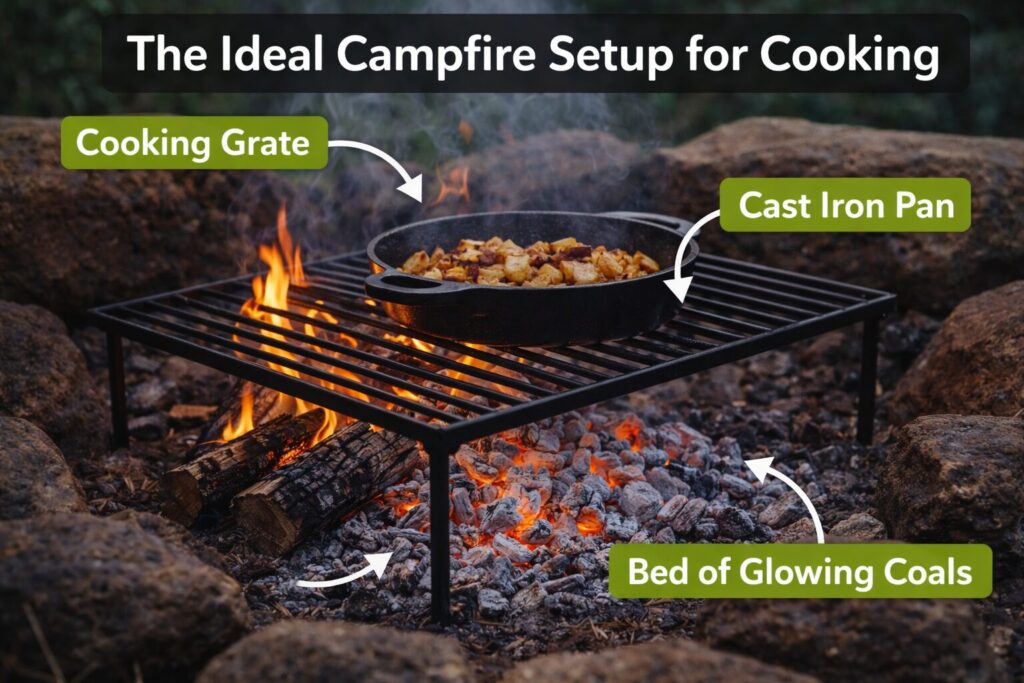 ideal campfire setup for cooking with coals and grill grate