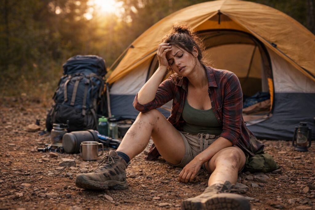 A tired woman sitting on the ground while camping